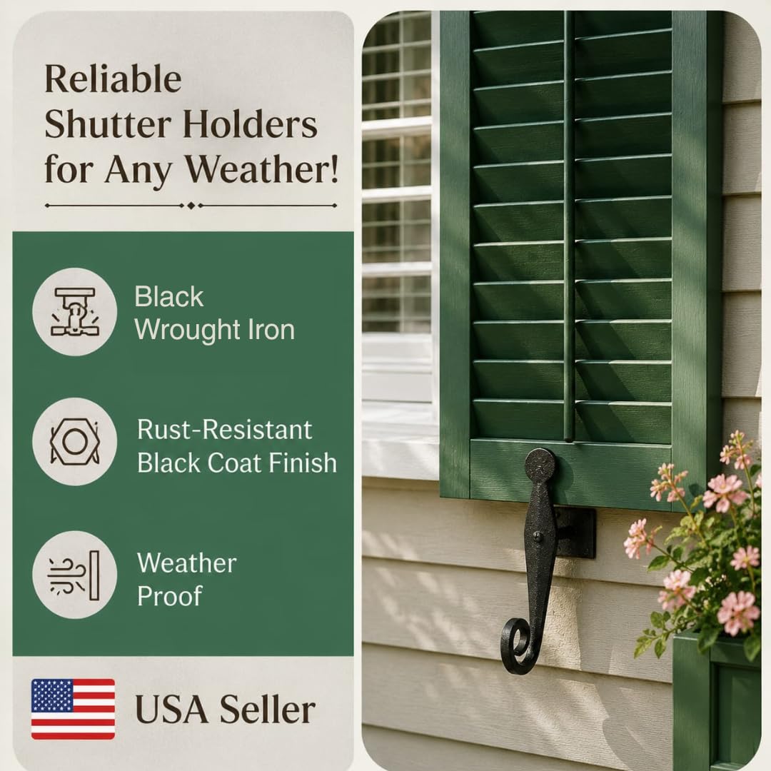 Renovators Supply Manufacturing Black Shutter Dogs 5.5 In Rat Tail Shaped Wrought Iron Shutter Dog Pair With Mounting Hardware Pack Of 3