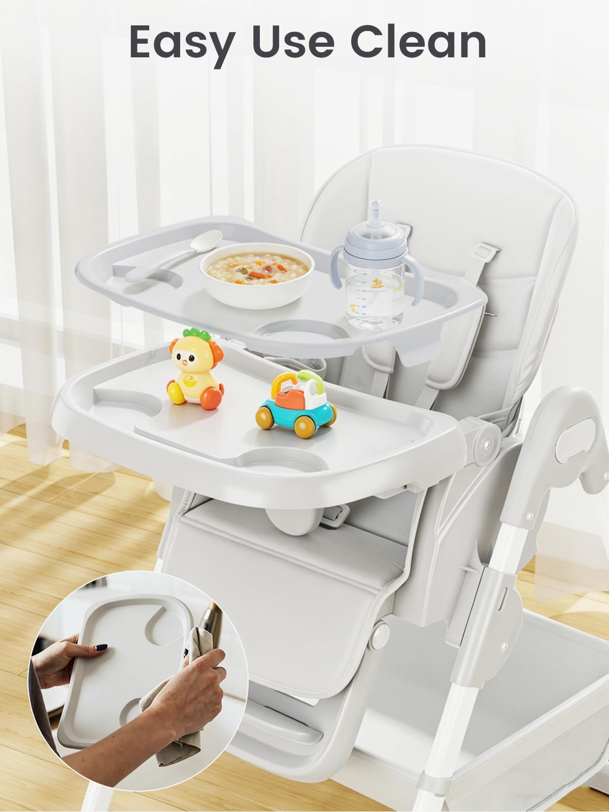 Meetaglow Baby High Chair, Foldable Convertible High Chair for Babies & Toddlers, Adjustable Height & Recline with Removable Double Tray, PU Cushion, Storage Basket, Easy to Clean, Gray