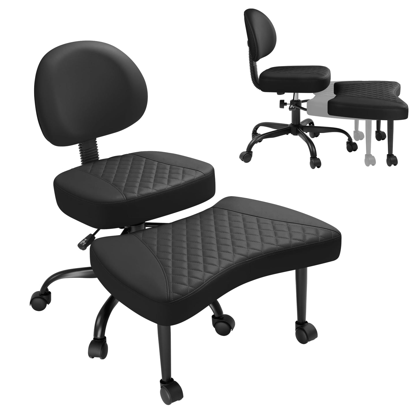 GUNJI Ergonomic Criss Cross Legged Office Chair, 360° Swivel Meditation Kneeling Chair with Wheels, ADHD Chair with Footrest, Lumbar Support, Wider Height Adjustable Seat (Black, Faux Leather)