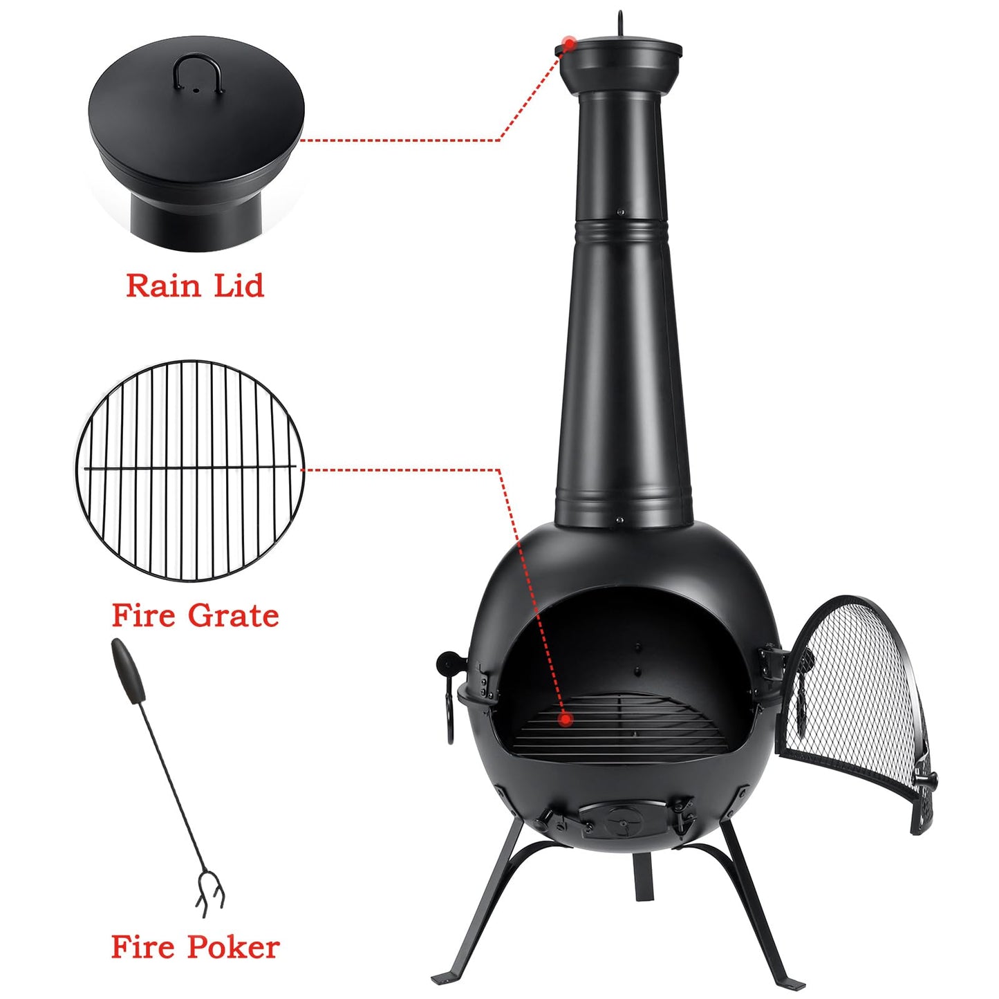SINGLYFIRE Prairie Fire Outdoor Chiminea Fireplace Deck or Patio Backyard Wooden Fire Pit with Chiminea Cover Rust-Free Iron Black