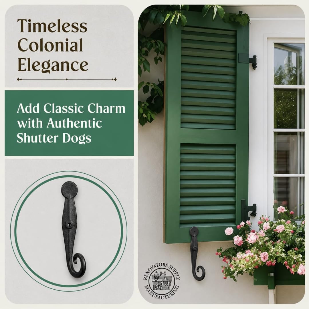 Renovators Supply Manufacturing Black Shutter Dogs 5.5 In Rat Tail Shaped Wrought Iron Shutter Dog Pair With Mounting Hardware Pack Of 3
