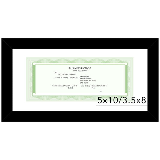 JCJMY 5x10 Business License Frame Black for 3.5x8 Standard Business License with Mat or 5 x 10 Picture without Mat, 5x10 Frame with Shatter Resistant Plexiglass for Wall Hanging or Tabletop, Black