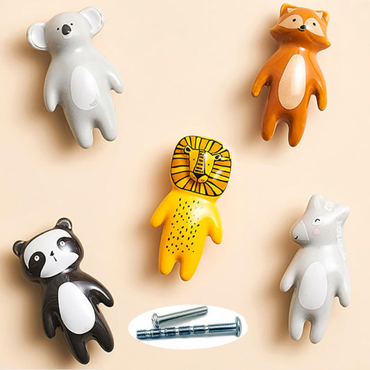 YOUYOUULU 5Pcs Cute Animal Knobs Kids Handles Ceramic Knobs Children's Room Door Nursery Cupboard knobs Lovely Cabinet pulls Drawer knob for Kids, with Screws
