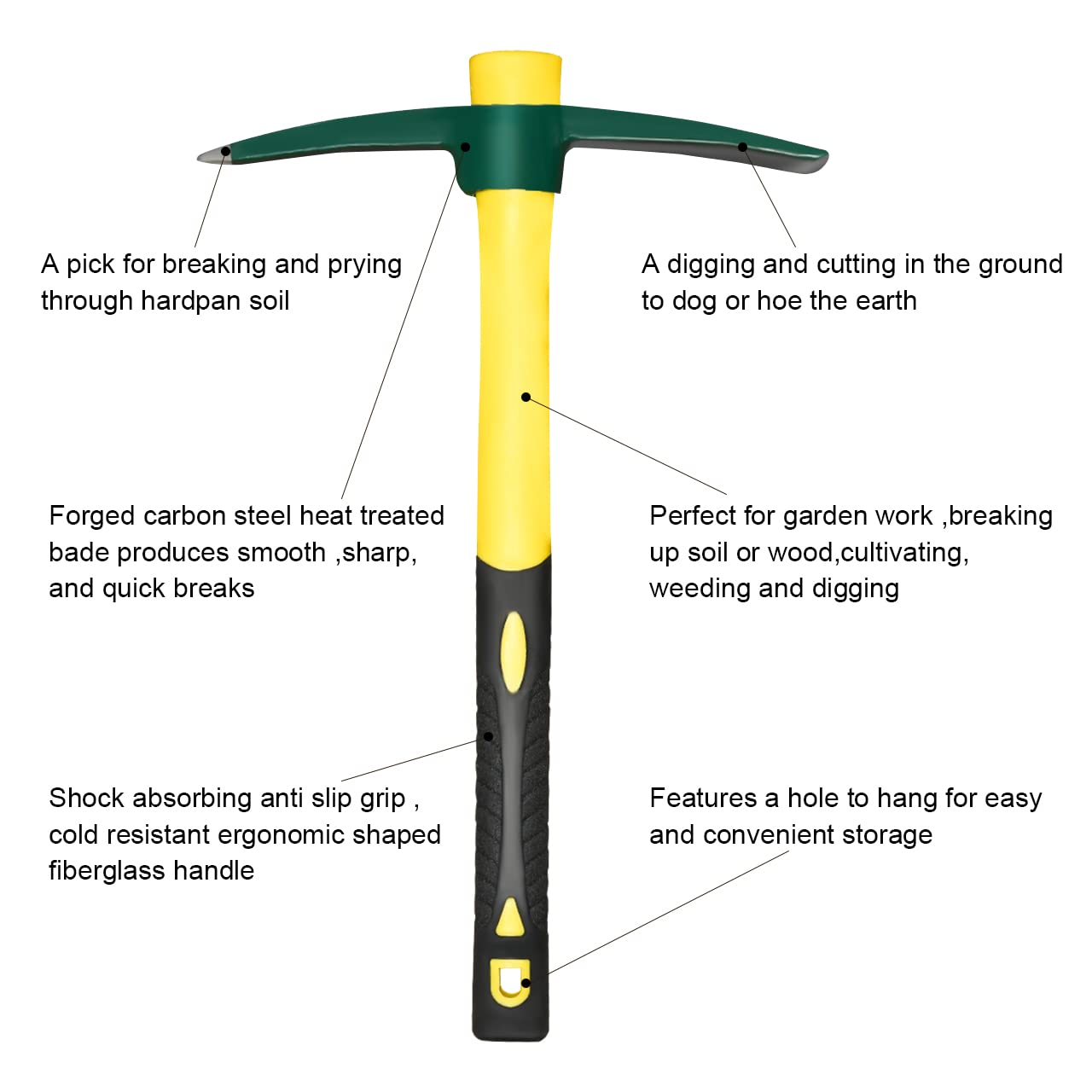 ZUZUAN Forged Adze Pick, Weeding Mattock Hoe, Pick Axe 15-Inch, One Piece Intact Drop Forged, Plastic Coated Fiberglass Handle, 1.4LB