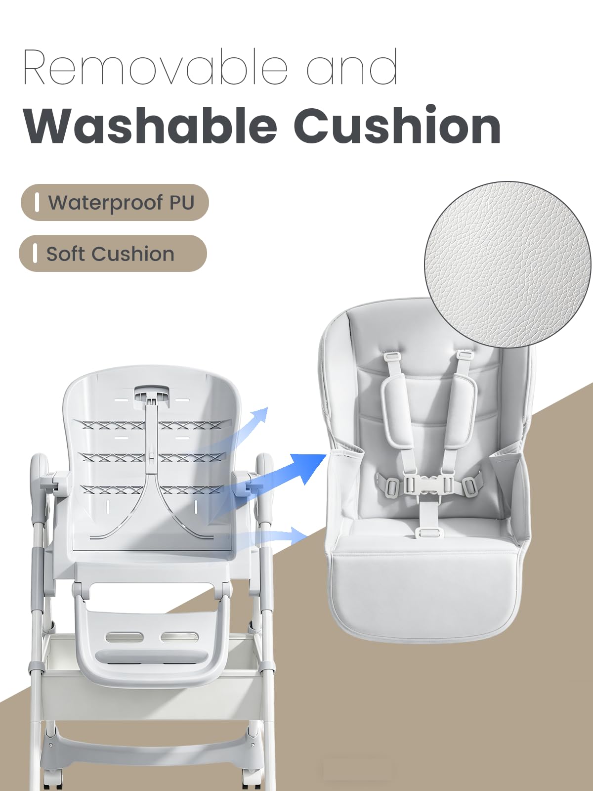 Meetaglow Baby High Chair, Foldable Convertible High Chair for Babies & Toddlers, Adjustable Height & Recline with Removable Double Tray, PU Cushion, Storage Basket, Easy to Clean, Gray