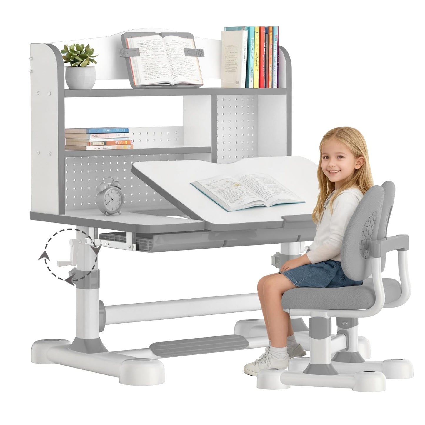 OYOWINGO Kids Functional Desk and Chair Set - Ergonomic Height Adjustable Art Desk for Bedroom with Tiltable Desktop, Book Stand, Reading Rack & Storage Drawer for Children Boys & Girls (Grey)