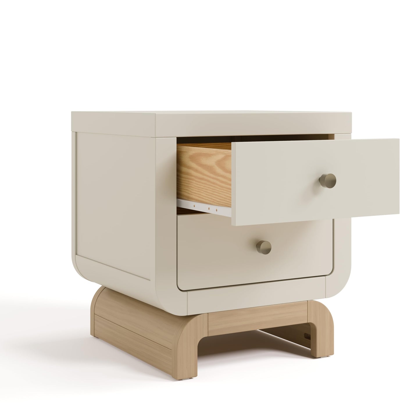 Storkcraft Santorini 2 Drawer Nightstand (Frosted Oat & Driftwood) - GREENGUARD Gold Certified Nightstand for Kids Bedroom, Premium Wood with Curved Base, “Champagne” Metal Knobs
