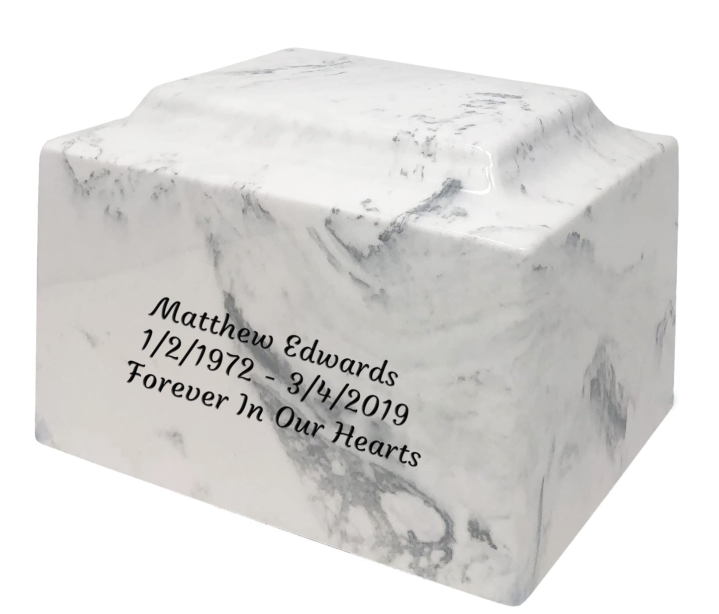 Custom Engraved Mackenzie Urn Vault - Up to Three Line of Custom Engraving Included. Six Different Custom Fonts to Choose from. Cultured Marble Adult Full Size urn. Carrera Color