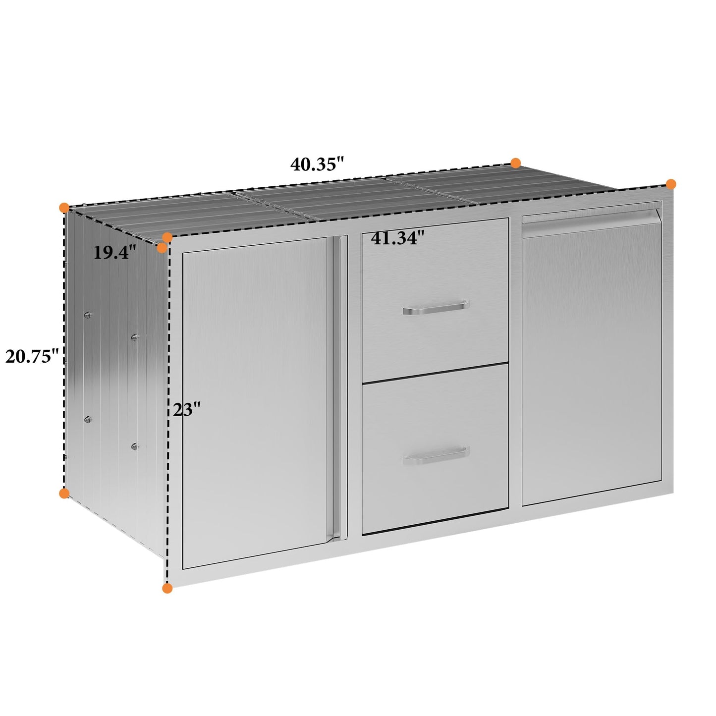 Jocisland 41.5" W×20" D×23" H Stainless Steel Outdoor Kitchen Drawers, Double Drawers with Trash Drawer & Door, 3-Tier Cabinet, Built-in BBQ Island Storage for Outdoor Kitchens