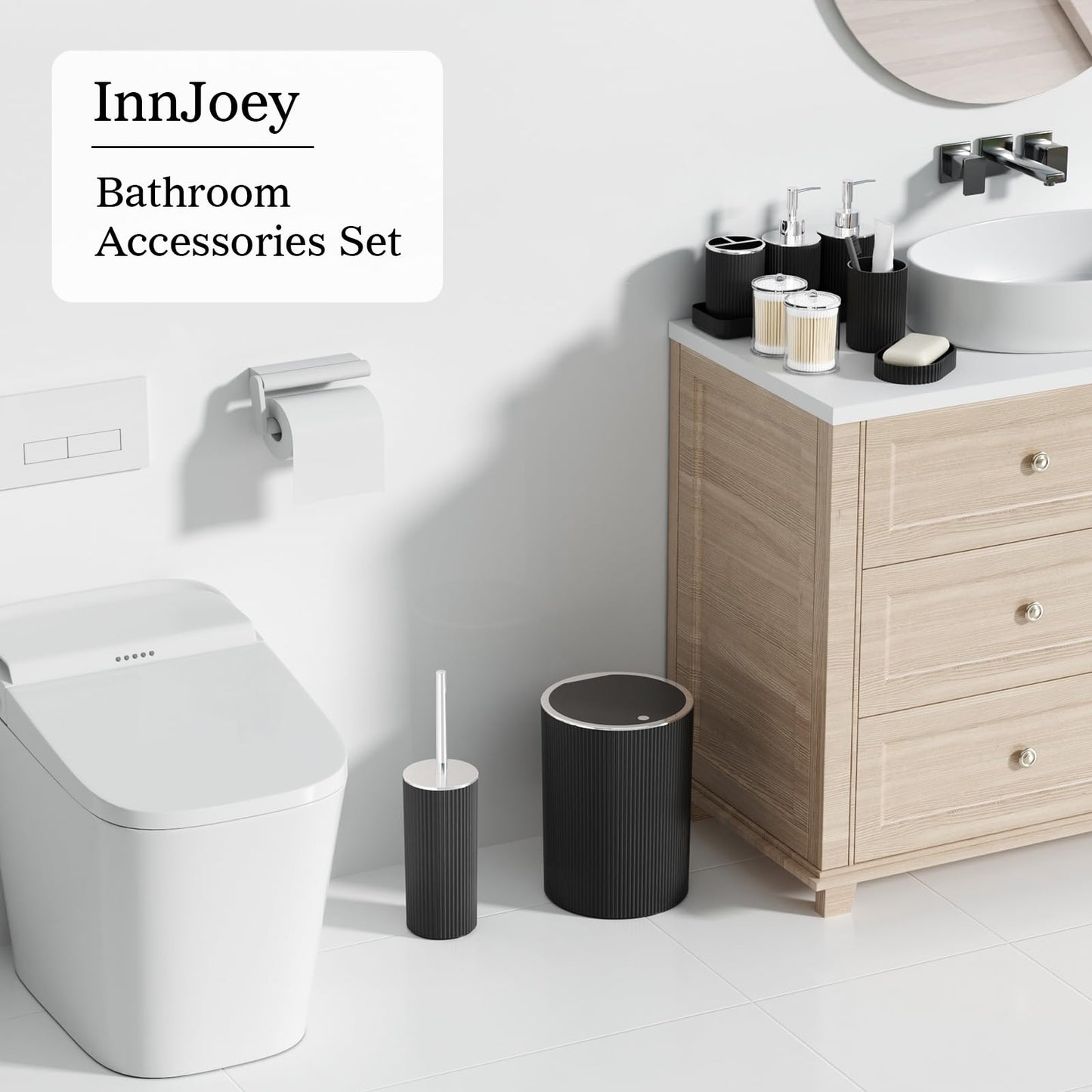 InnJoey Black Bathroom Accessories Set, 10PC Bathroom Trash Can Set