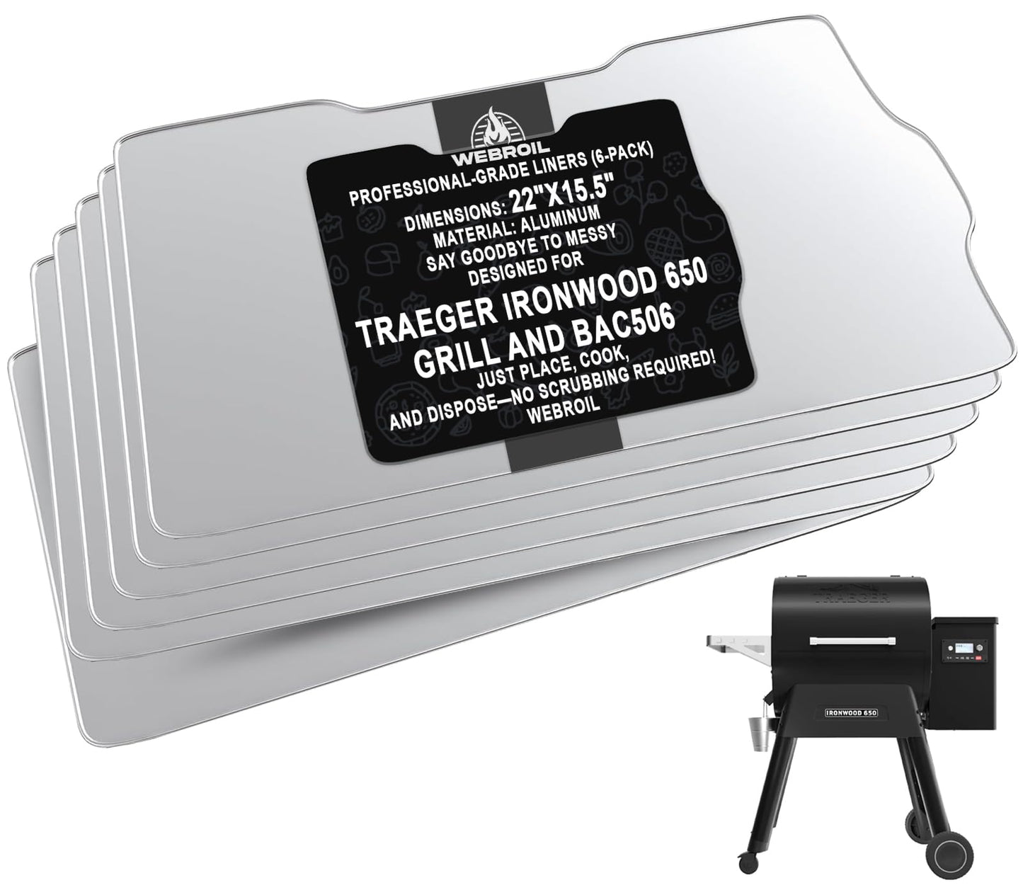 WEBROIL 6 Packs BAC506 Drip Tray Liners for Traeger Ironwood 650 Series Grills, Heat-Resistant Foil Liners for Traeger Pellet Smoker Grill Accessories, Aluminum Tray for Catching Grease 22" x 15.5"