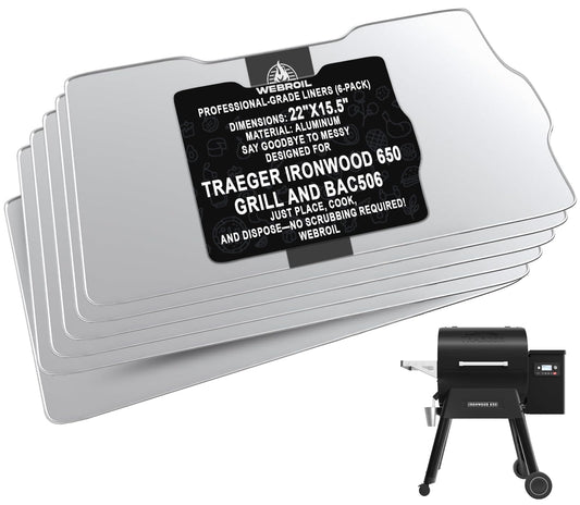 WEBROIL 6 Packs BAC506 Drip Tray Liners for Traeger Ironwood 650 Series Grills, Heat-Resistant Foil Liners for Traeger Pellet Smoker Grill Accessories, Aluminum Tray for Catching Grease 22" x 15.5"