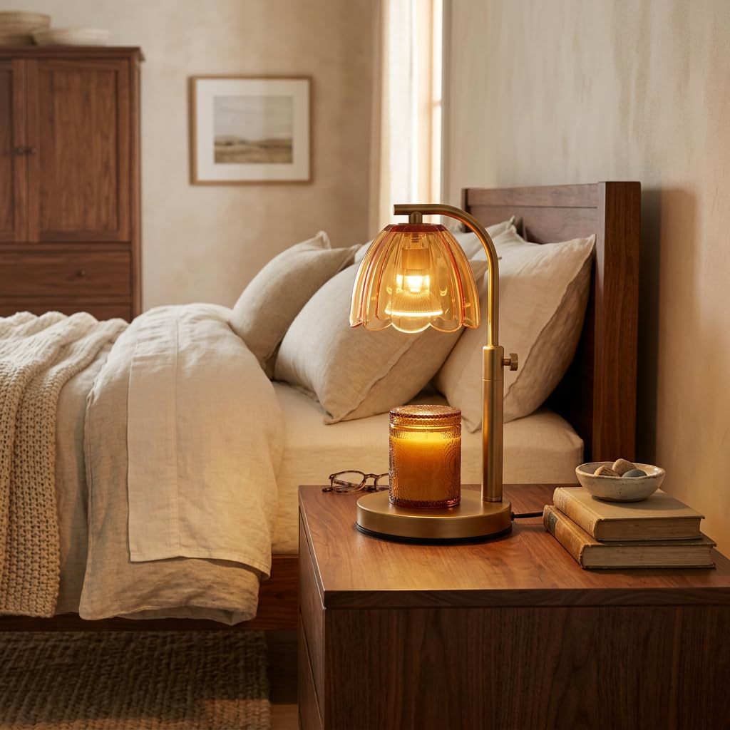 Scalloped Glass Candle Warmer Lamp with Timer (2H/4H/8H) - Dimmable & Adjustable Height - Wax Melter for Large & Small Jar Candles - 2 Bulbs - Gold Metal - Flameless Home Decor Gift for Women (Amber)