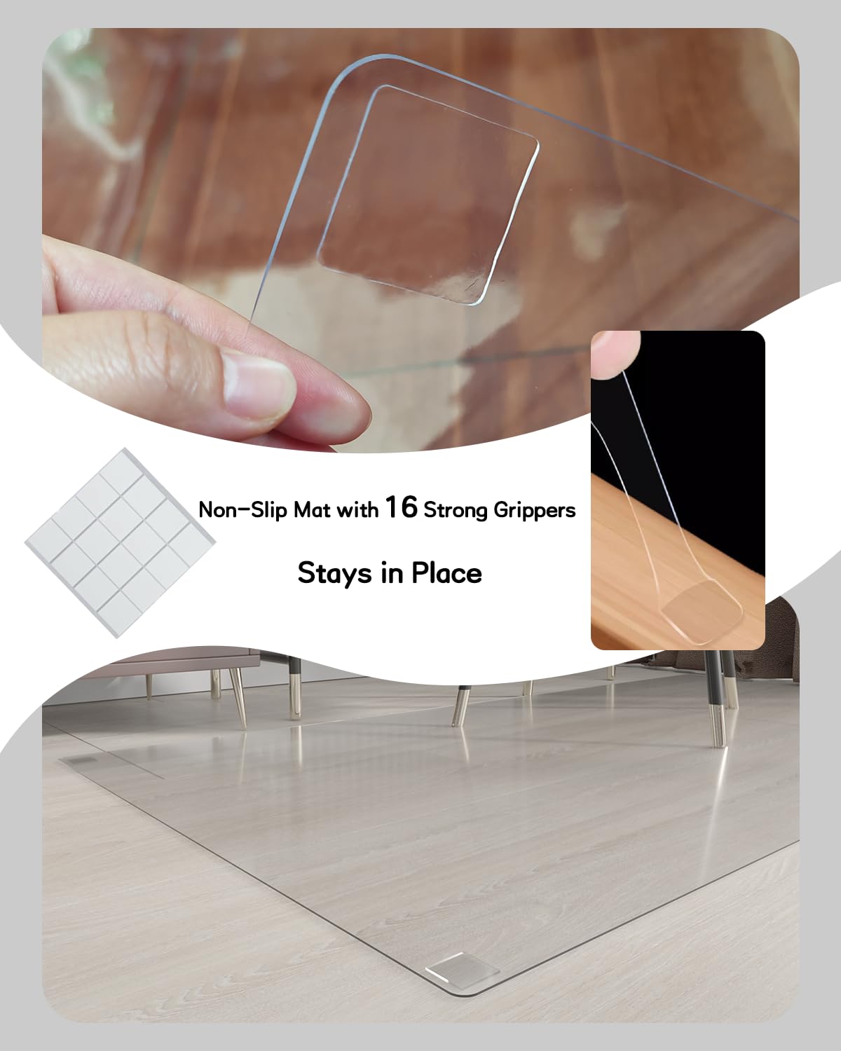 【16 Anti-Slip Stickers Included】3'×5' Clear Rug Protector Mat, Waterproof Vinyl Rugs for The Floor, Wipeable Vinyl Floor Mat for Under High Chair , Non Slip Clear Floors Protector for High Traffic