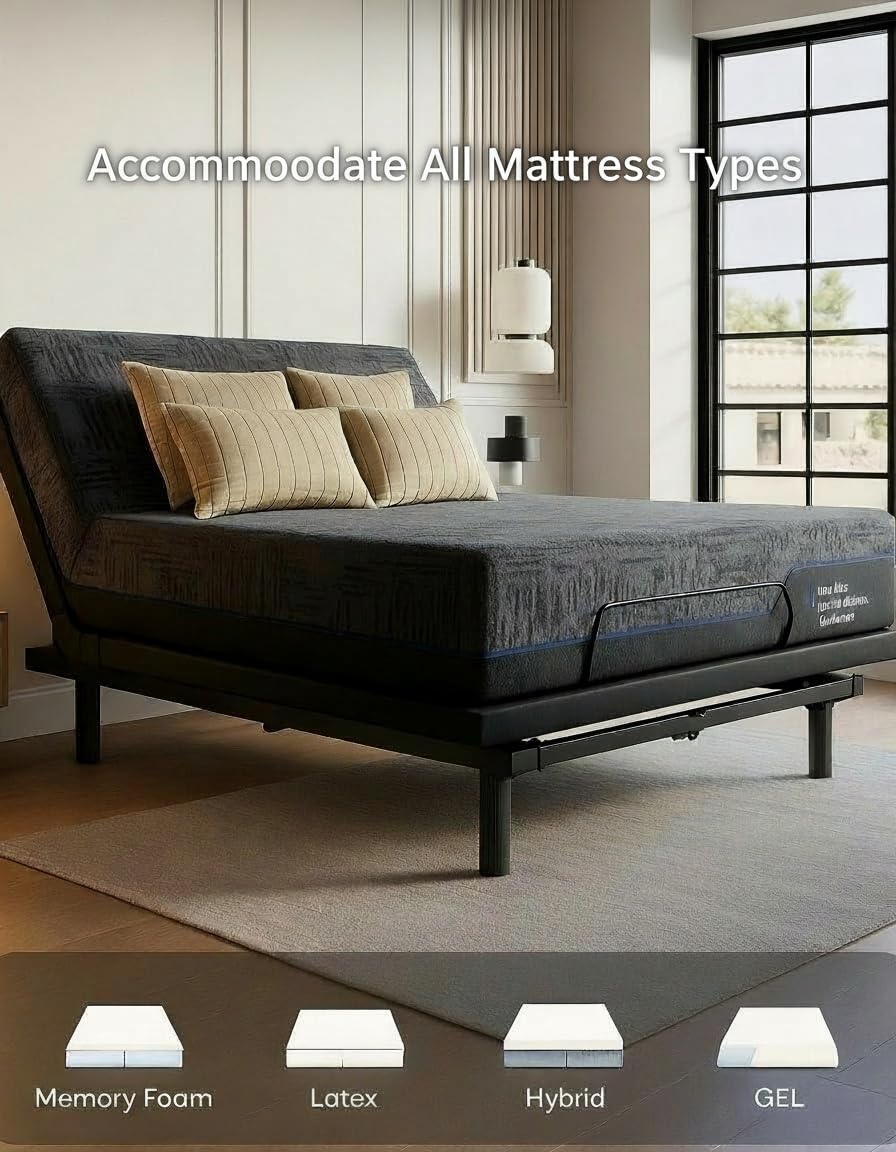 Marsail Queen Adjustable Bed Frame with Massage, Electric Adjustable Bed Base with Head & Foot Incline, Quiet Motor Adjustable Bed Frame with USB Ports, LED Light, Height-Adjustable Legs