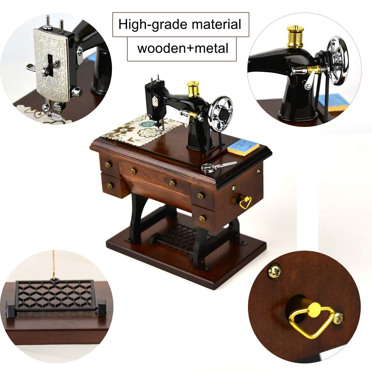 Mr.Winder Sewing Machine Music Box Gift, Wooden Vintage Musical Box Christmas Anniversary Birthday Gifts for Mom Wife Grandma Friend Wind Up Mechanical Melody Fur Elise