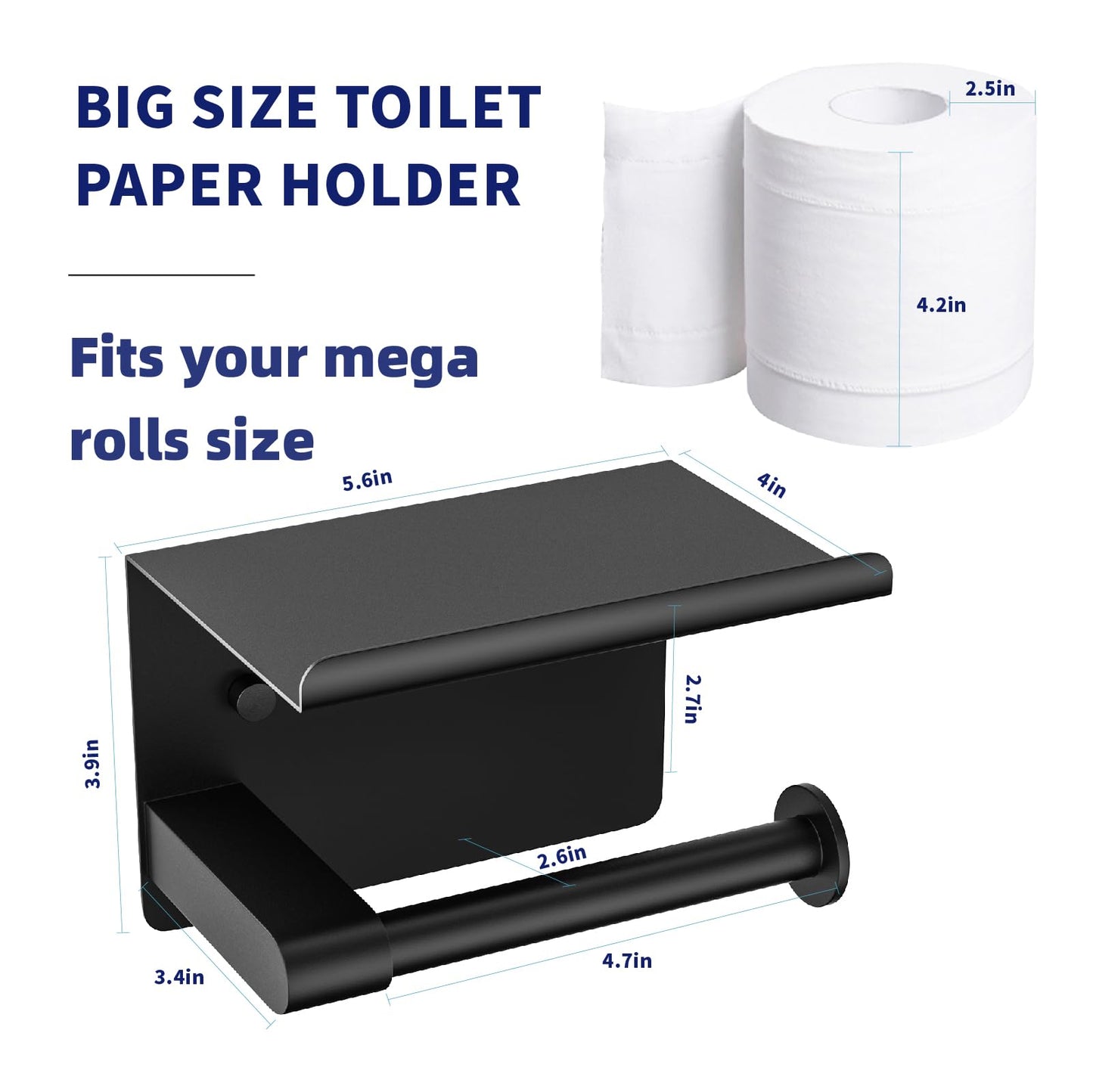 GLNLQ Matte Black Toilet Paper Holder with Shelf, Fits Mega Rolls, Rustproof Stainless Steel, Self Adhesive Wall Mount Toilet Paper Roll Holder, for Bathroom, Washroom, Kitchen, RV