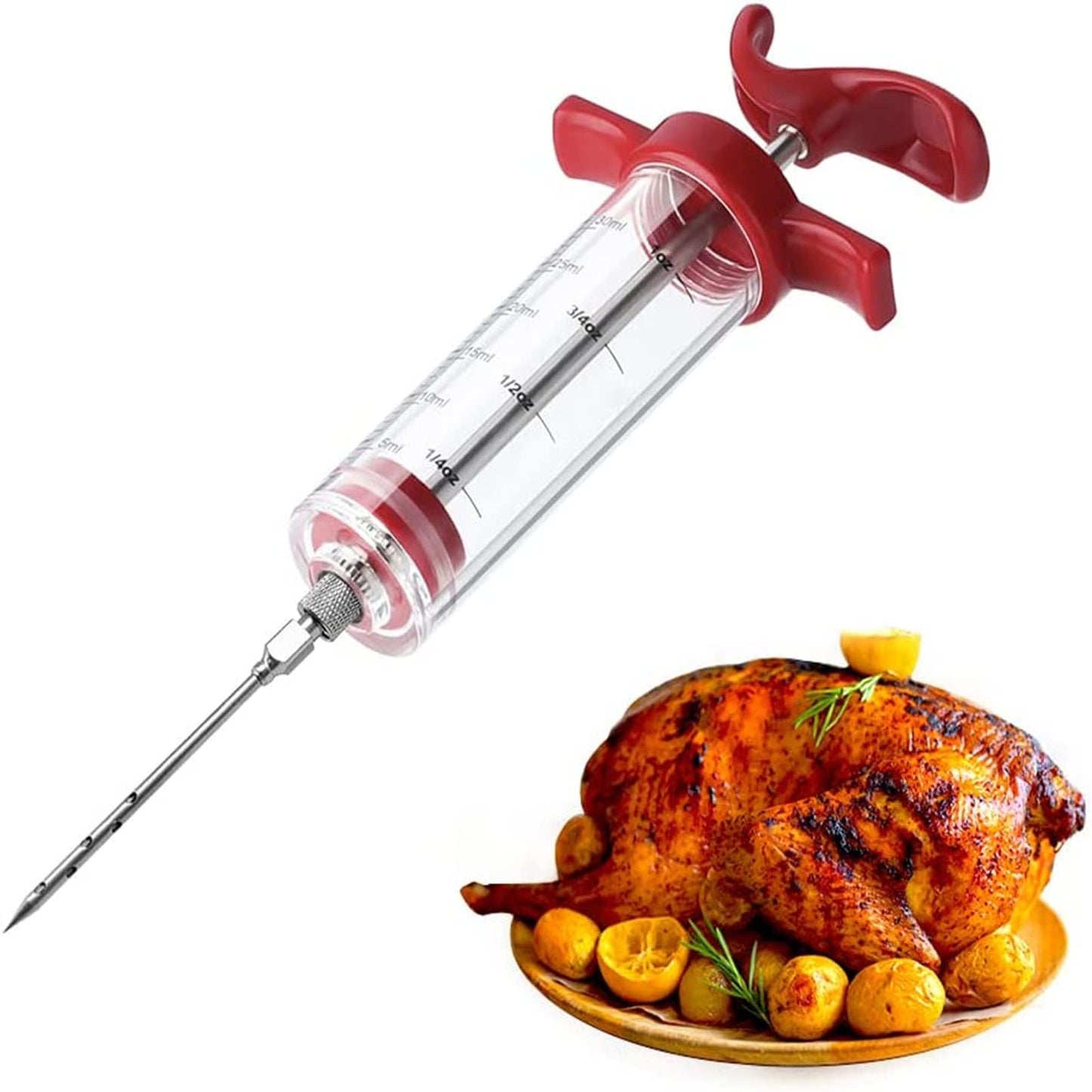 Meat Injector Syringe - 3 Marinade Injector Needles for BBQ Grill, Premium Portable Turkey Injector kit for Smoker,Marinades Injectors for Meats With 1oz Large Capacity 1 Brush Easy to Use & Clean Red