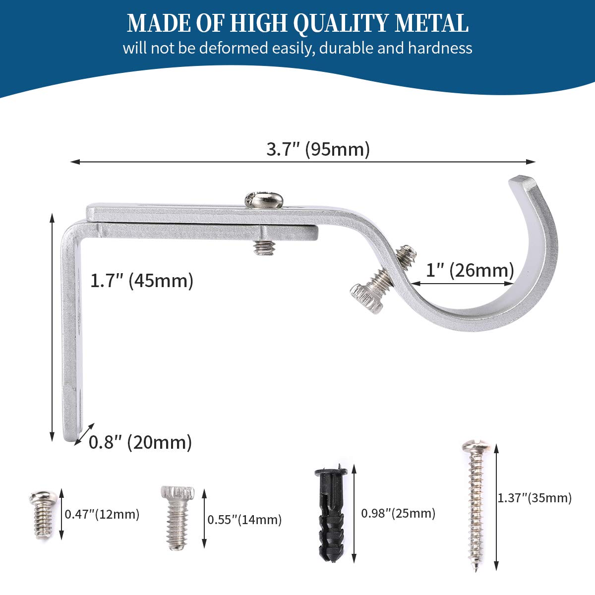 Anndason Heavy Duty Adjustable Curtain Rod Brackets Rod Holders for 1 Inch Rod, Silver Color, (Set of 2)