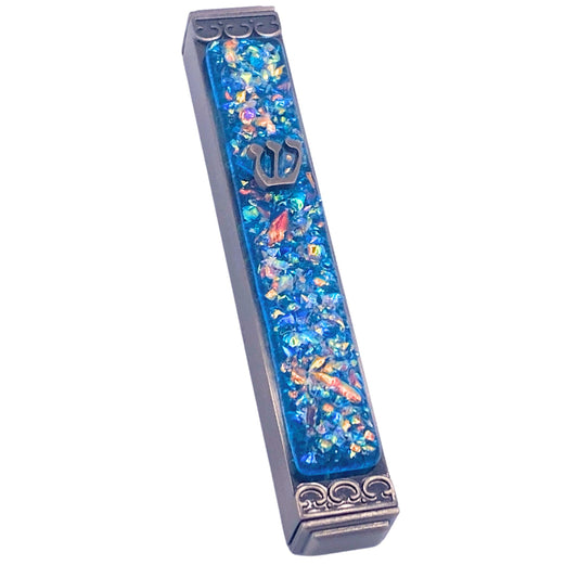 Sparkling Art Glass Mezuzah - Easy Mount Indoor or Outdoor - Weatherproof Metal Case - Gift Box and Non-Kosher Scroll Included - Hand Made in USA - Guaranteed for Life! (Sky)