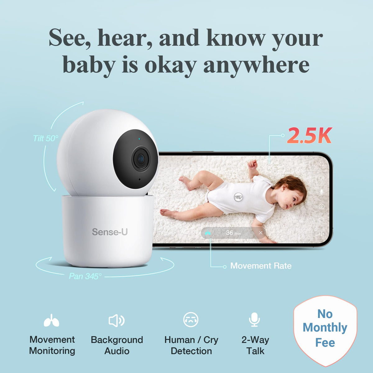 Sense-U AI 2.5K PTZ Baby Camera Monitor with Sensor-Free Sleep Movement Detection, Smart Security Indoor Video Camera with Background Audio, Cry Detection, No Monthly Fee, for Peace of Mind