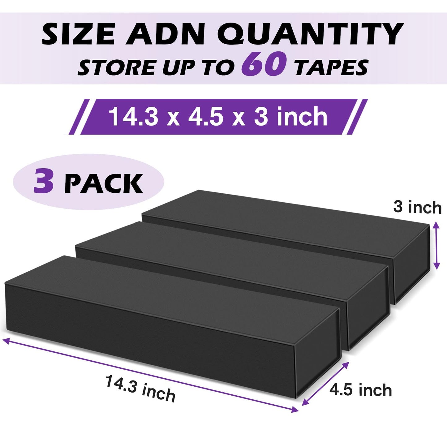 3 Pack Cassette Tape Storage Box, Tape Holder Store 60 Cassette Cases, Media Storage Organizer