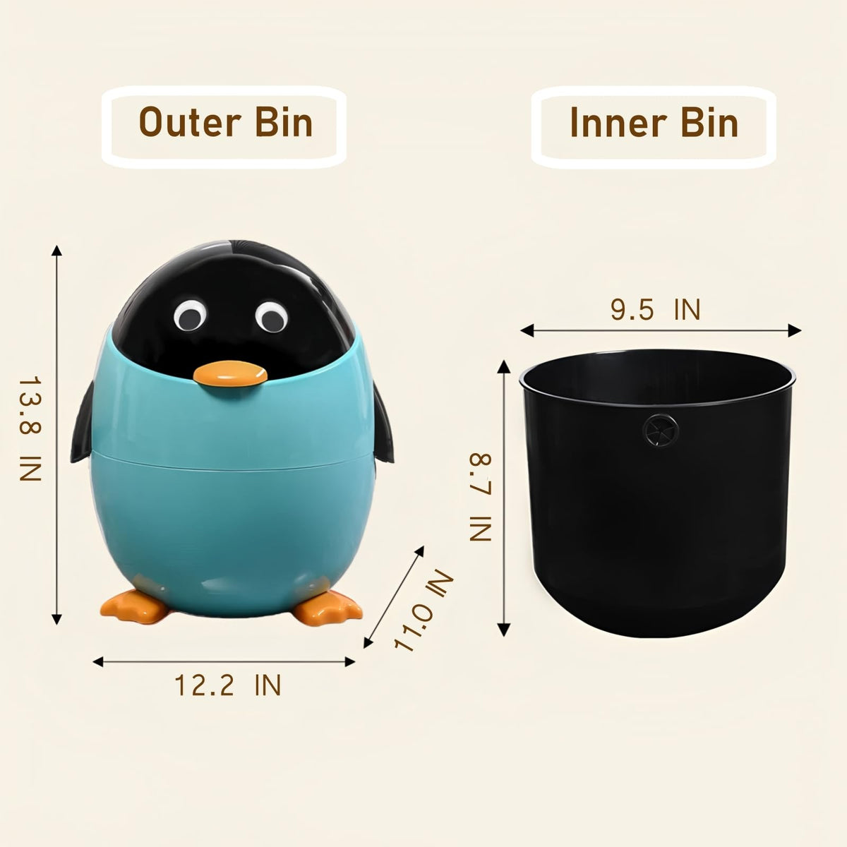 URALFA Penguin Trash Can, 3.2 Gal Kids Trash Can, Removable Inner Bucket