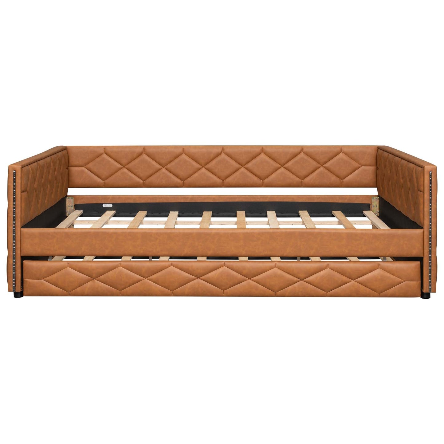 SRJunidexor Full XL Upholstered Daybed with Trundle and LED Armrests, Faux Leather Sofa Bed with Pull Out Guest Bed, Modern Platform Daybed for Living Room, Dorm, Small Spaces (Brown)