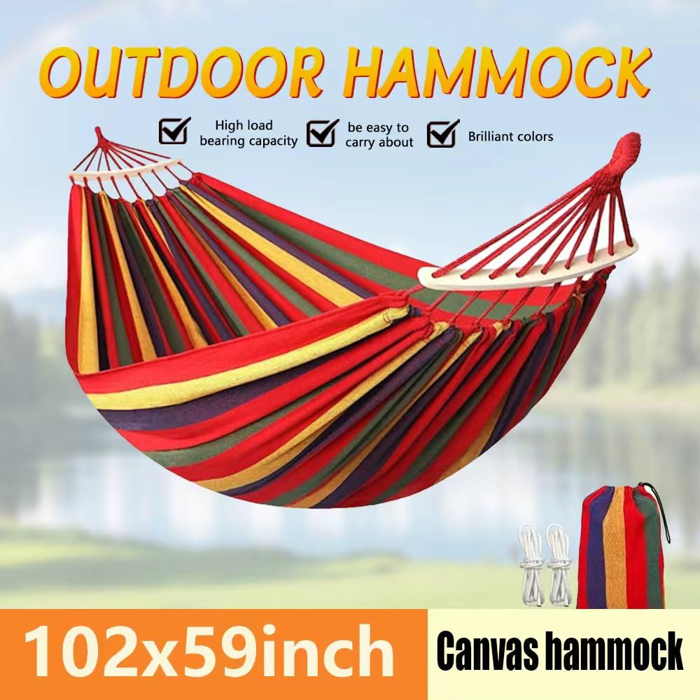 WeiTrust Cotton Canvas Hammock, Comfortable Fabric Camping Hammock with Tree Straps, Up to 440lbs with Travel Bag for Camping Outdoor/Indoor Patio Backyard(Red, with bar)
