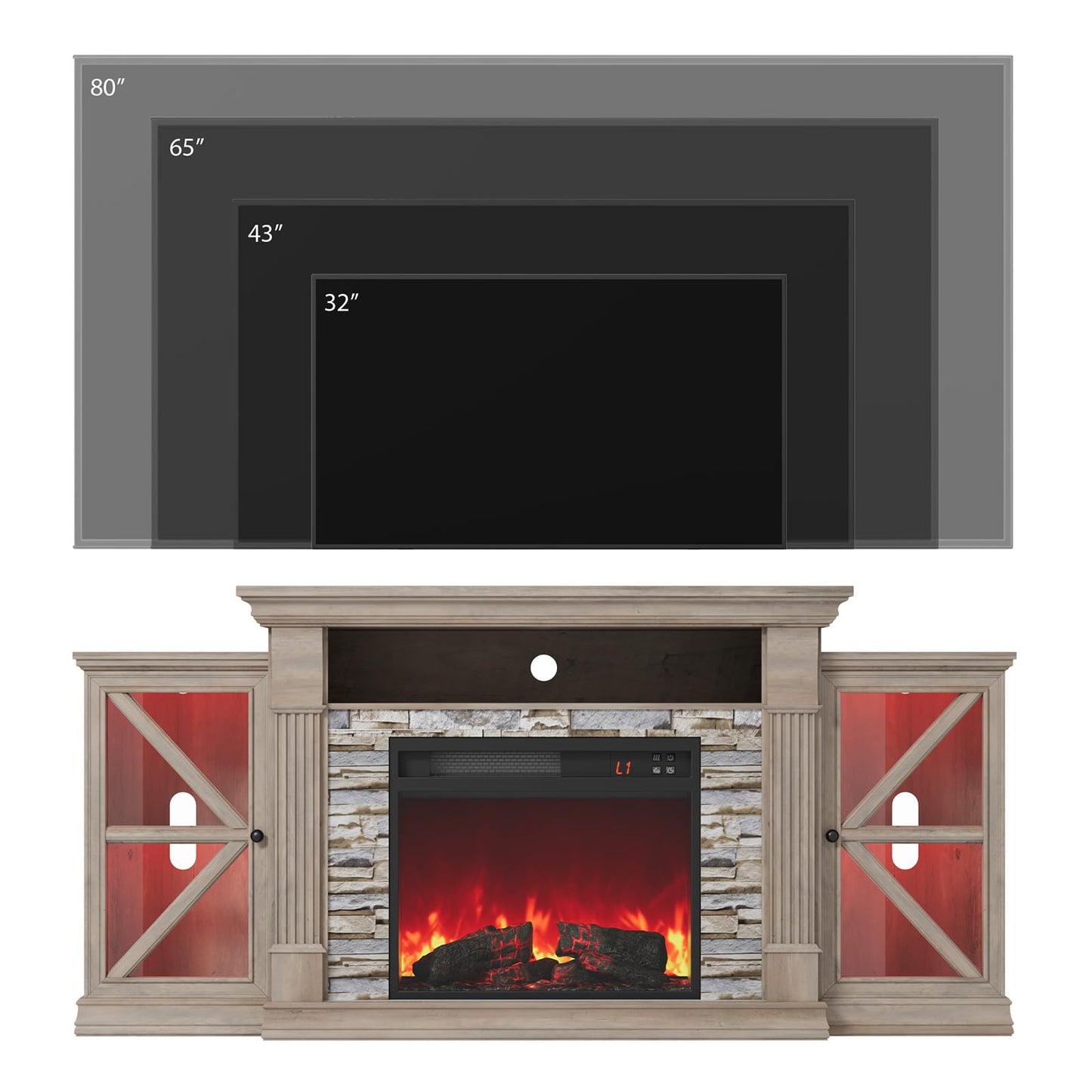 QUW Electric Fireplace TV Stand, 70" Farmhouse Entertainment Center with Open Shelf and Glass Barn Door Cabniet, Modern TV Console Table with 7 Flame Colors for Living Room, Grey