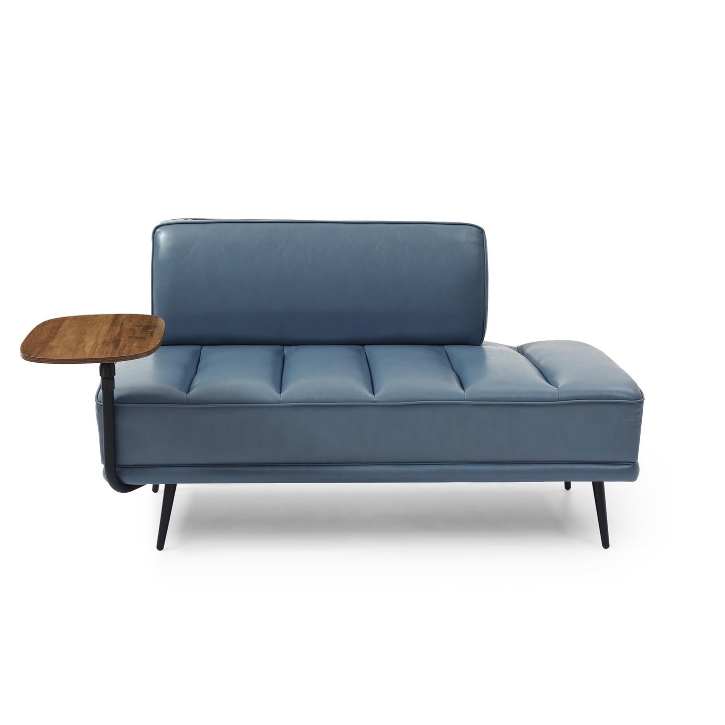 Modern Upholstered End of Bed Bench with 360-Degree Swivel Tray, 2 Seater Sofa Couch with Side Table, Settee Bench with Metal Legs Backrest for Living Room,Entryway,Foyer (PU-With Tray, Grayish Blue)