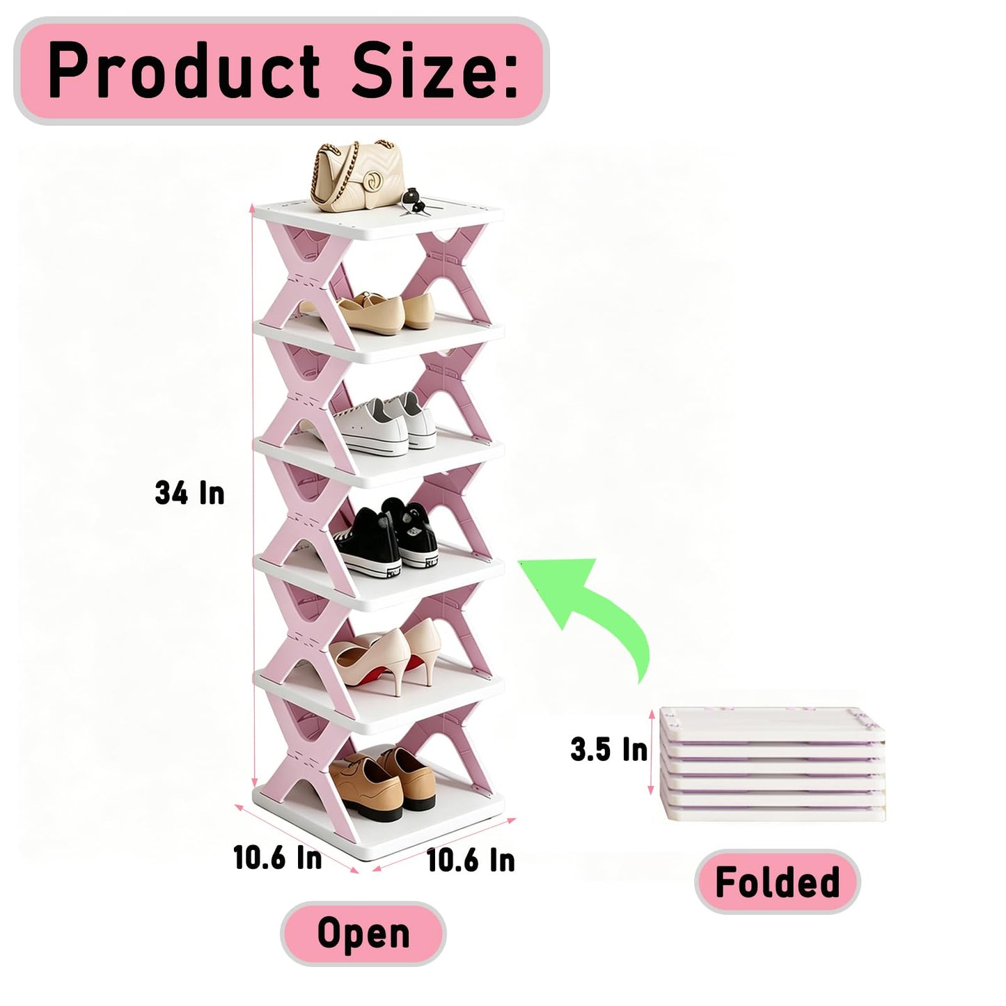 6 Tier Foldable Shoe Rack, Collapsible Vertical Kids Shoe Organizer
