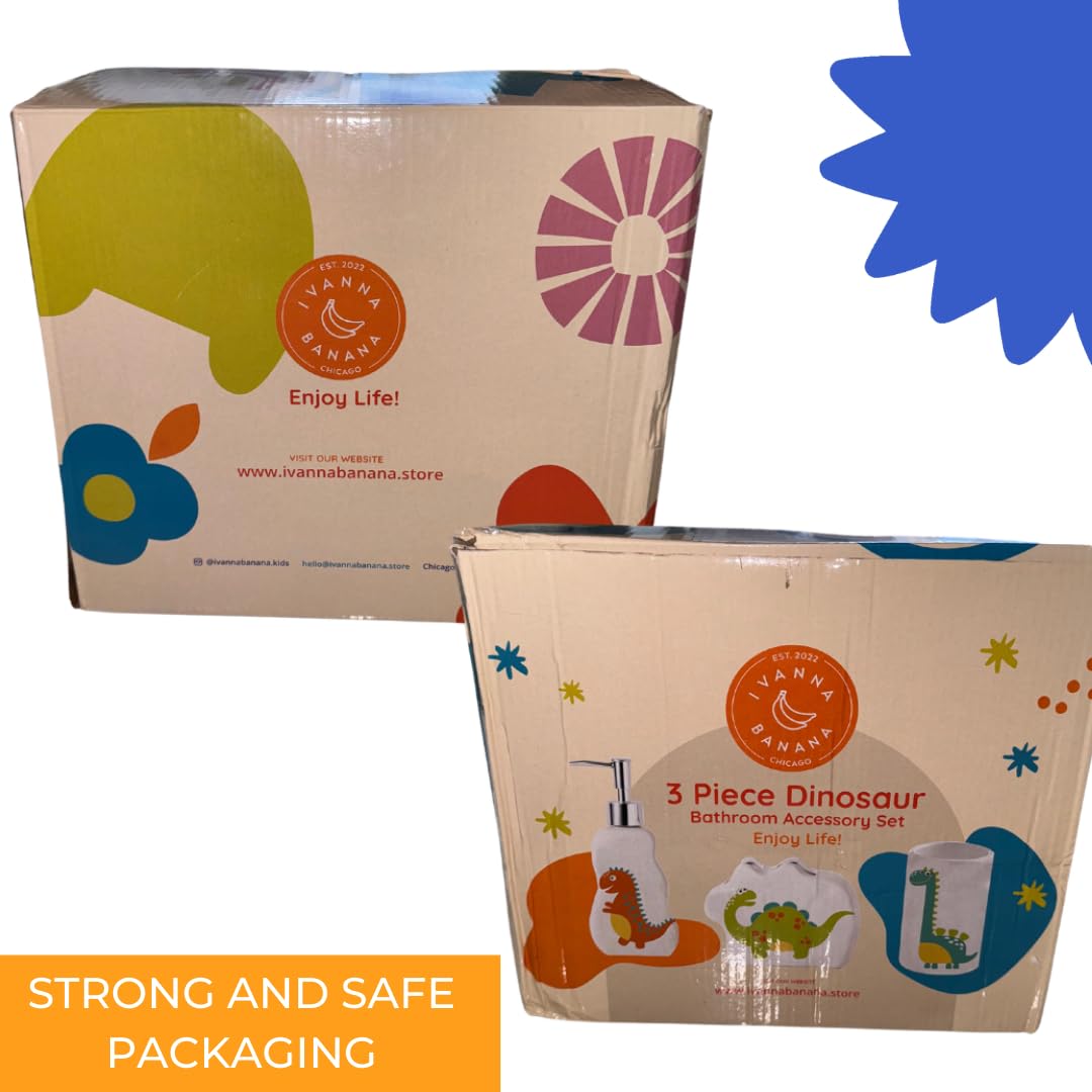 Ivanna Banana Kids Dinosaur Bathroom Set – 3-Piece Fun Bathroom Accessories for Kids, Including Toothbrush Holder, Soap Dispenser, and Cup – Adorable Dinosaur Décor for a Playful Bathroom.