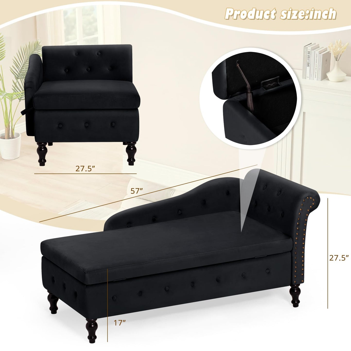 ACMEASE Chaise Lounge with Right Armrest & Lumbar Pillow,Button Tufted Lounge Sofa with Storage,Lounge Chair Indoor,Modern Upholstered Velvet Lounge Chair for Bedroom, Living Room and Office,Black