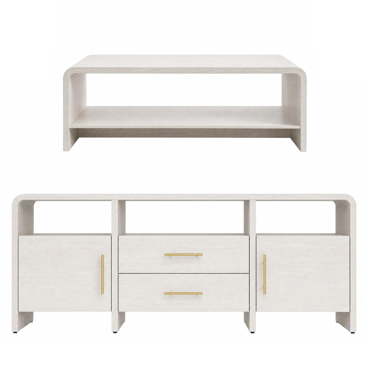 Fatmok 2 Piece Living Room Coffee Table Set, 70" TV Stand with 2 Drawer and 48" Coffee Table with Open Storage Shelf, Modern Curved Wooden Furniture for Living Room,White Wood Grain