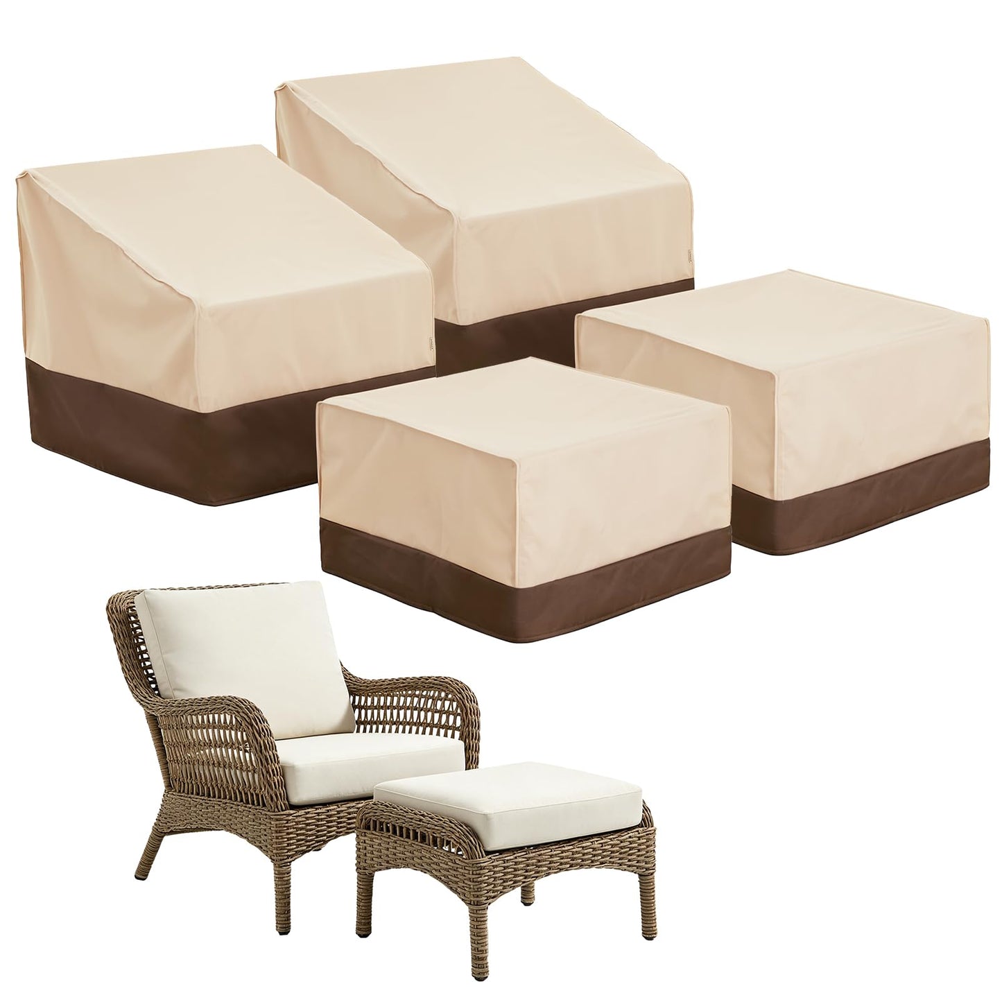 loriano 4-Pack Outdoor Furniture Covers, 2 x Patio Chair Covers + 2 x Ottoman Covers, Waterproof Heavy Duty 600D Oxford Fabric, All Weather UV/Wind Resistant, Beige & Brown