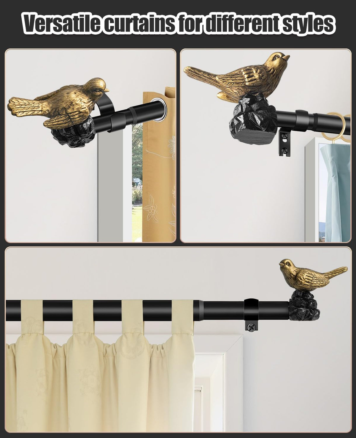 KVEEO 1 or 7/8 Inch Bird-Shaped Decorative Finials for Curtain Rods,Curtain Rod Ends Metal Curtain Rod Finials Ends Easy to Install Set of 2 Rod End (Gold)