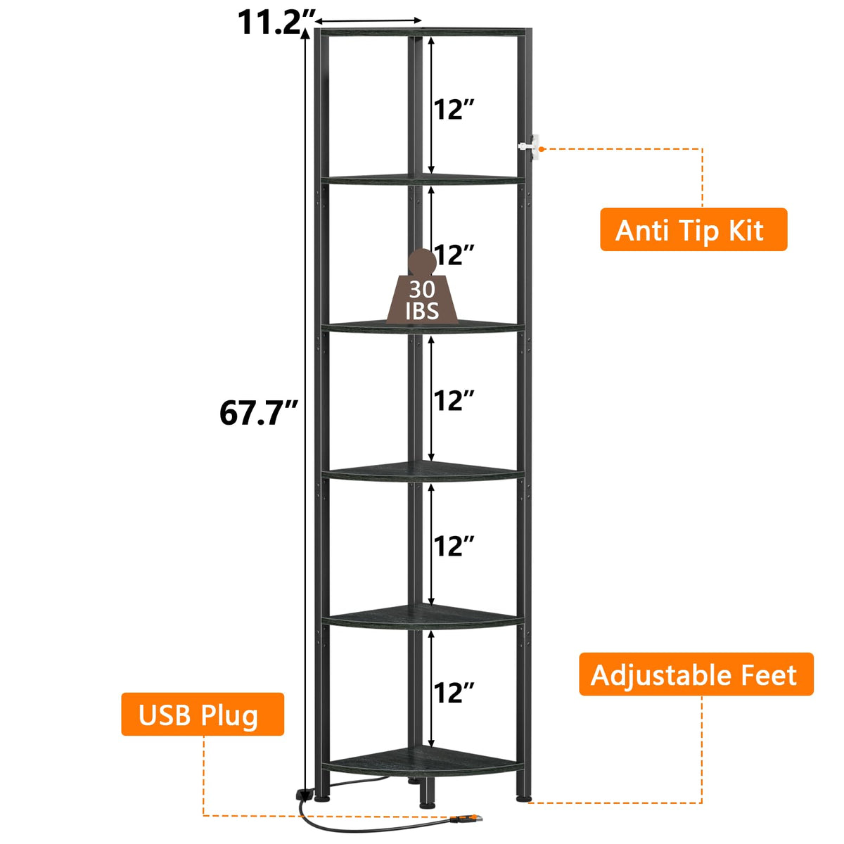 Furnulem 6 Tier Corner Shelf with LED Light, 67.5" Black Narrow Bookshelf