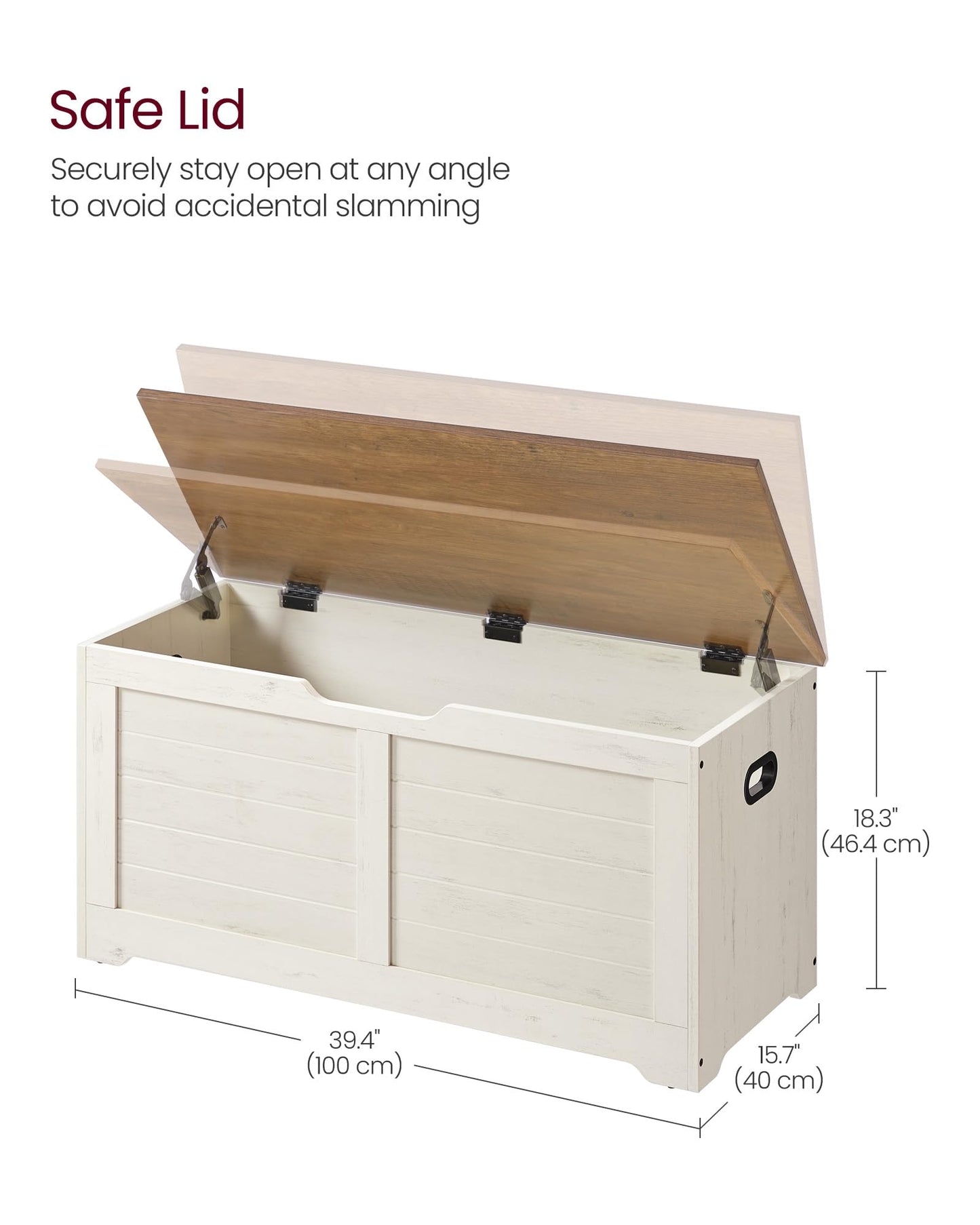 VASAGLE Storage Chest, Storage Bench with 2 Safety Hinges, Farmhouse Style, 15.7 x 39.4 x 18.3 Inches, for Entryway, Bedroom, Living Room, Rustic White and Honey Brown ULSB061WJ02S
