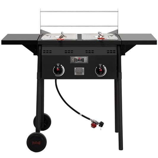Feasto Outdoor Propane Deep Fryer with Rolling Cart, Dual Tank Fish Fryer with 2 Independent Burners, 100,000 BTU, 4-Gal Oil Capacity, Frying Station with Baskets for Fish, Fries & Chicken