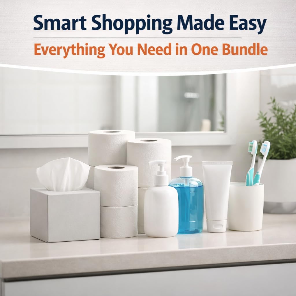 Generic 10-Piece Double Bathroom Restock Bundle: 2-Ply Bath Tissue (24 Rolls Total), Facial Tissues (2 Boxes), Hand Soap (2 Bottles), 2 Bath Sponges, and 6 Toothbrushes