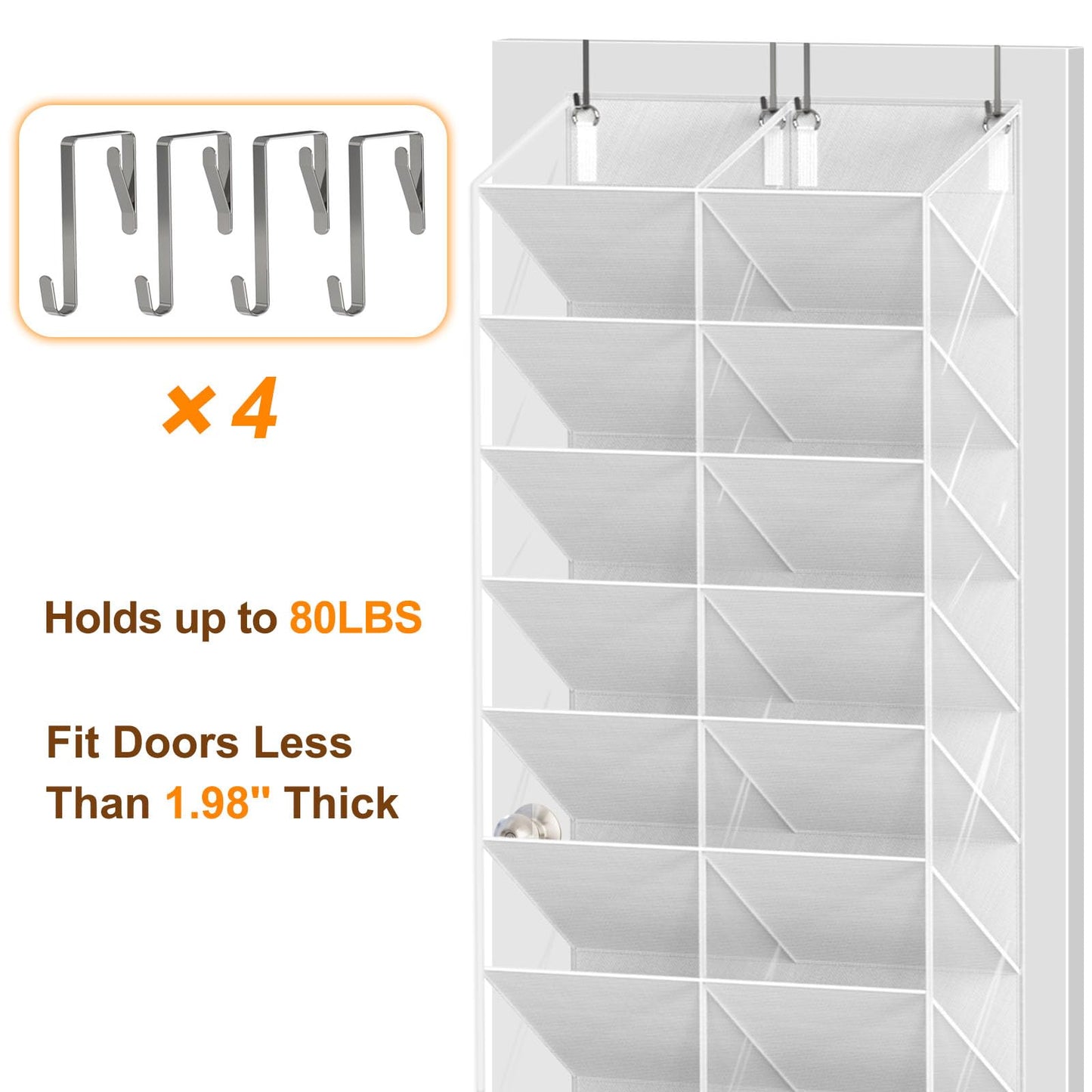 UVIAHOMI 20-30 Pairs Over the Door Shoe Organizer, Clear Pockets Hanging Shoe Storage for Closet, 10-Tier Door Shoes Rack, Handing Shoes Holder Fit All the Family's Sneakers, Boots, Heels, White