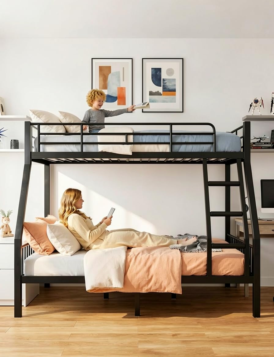 Twin XL Over Queen Bunk Bed, Heavy Duty 600lbs Bed Frame, Safety Guardrails