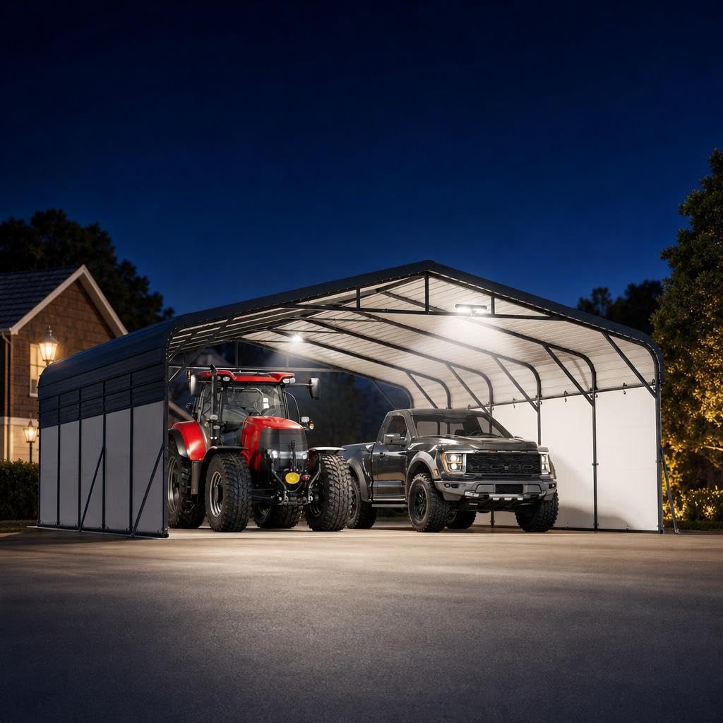Garvee 20x25ft Heavy Duty Metal Carport, 2-Car Carport Kit with Solar Lights and Removable PE Sidewalls, RV Boat Trailer Steel Garage Shelter