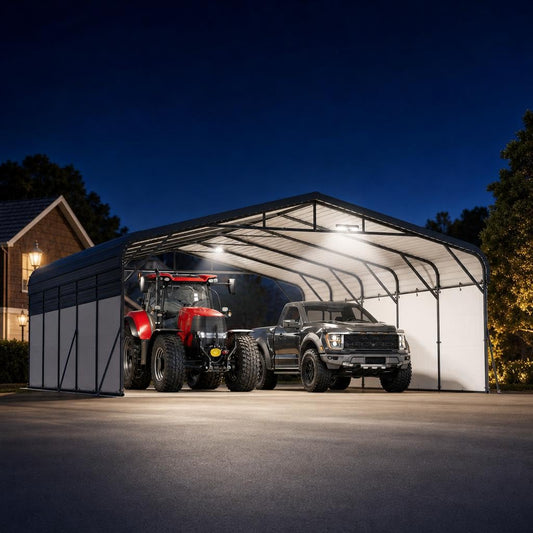 Garvee 20x25ft Heavy Duty Metal Carport, 2-Car Carport Kit with Solar Lights and Removable PE Sidewalls, RV Boat Trailer Steel Garage Shelter