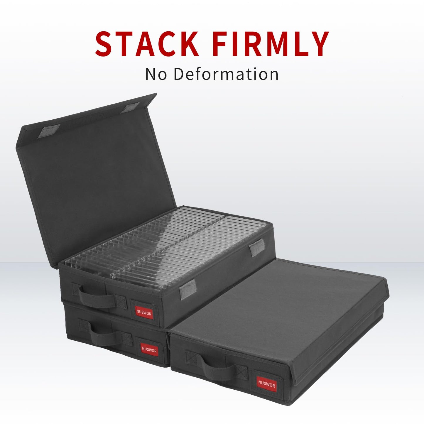 NUSWOR Stackable Cassette Tape Storage Box - Dust-proof Cassette Racks with Lid - Audio Cassette Holder Pack of 3- Holds 144 Cassette Cases - 16.34 x 9.25 x 3.4 Inches – Grey