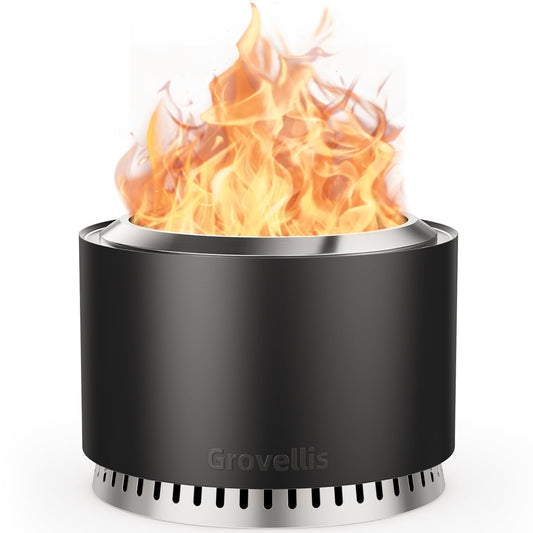 Grovellis 27 inch Smokeless Fire Pit with Waterproof Cover & Fire Poker