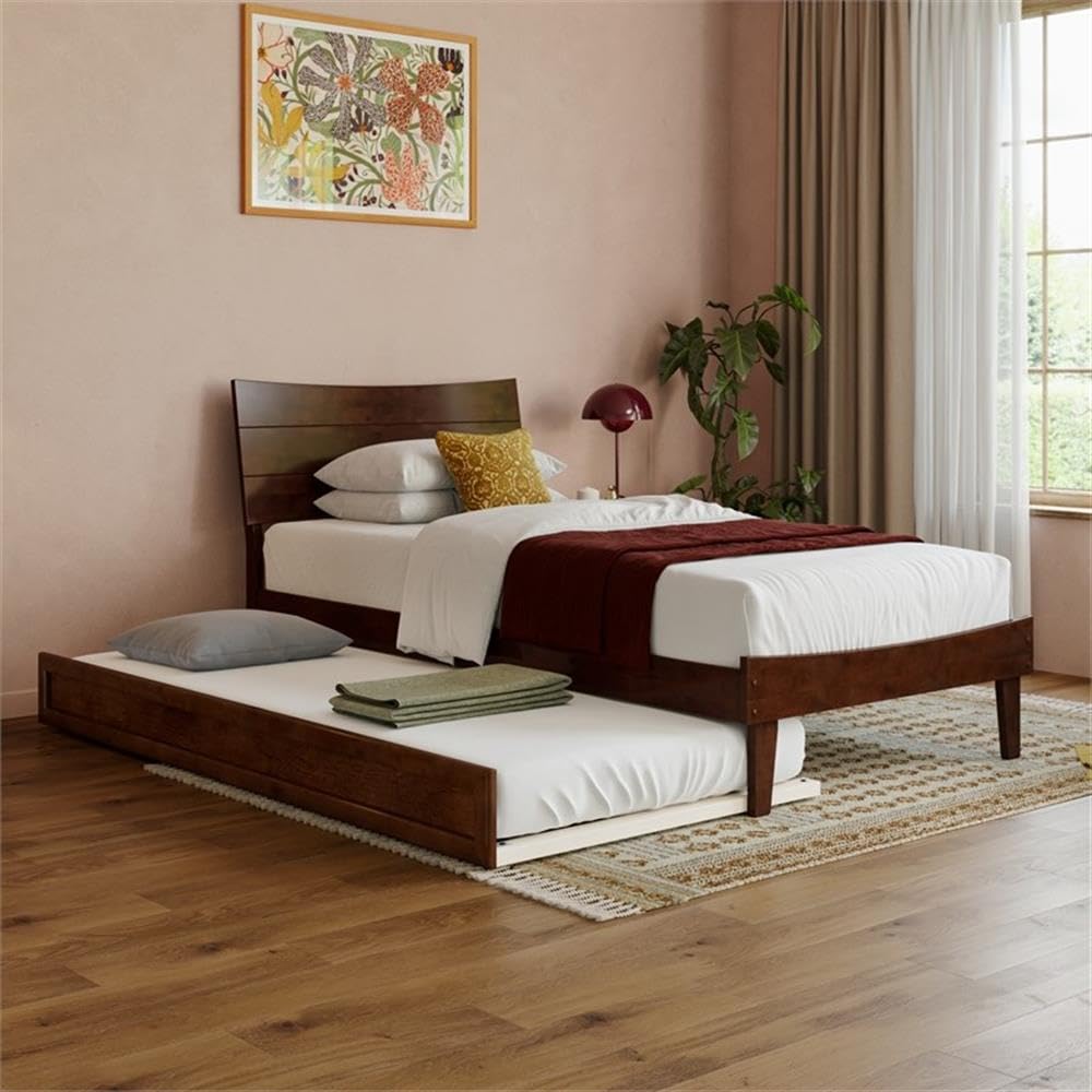 Pemberly Row Twin XL Solid Wood Platform Bed with Trundle, Walnut Finish, Horizontal Plank Headboard, Built-in Slat Kit, Durable Hardwood/Veneer Construction, 600 lb Capacity, Bedroom Furniture