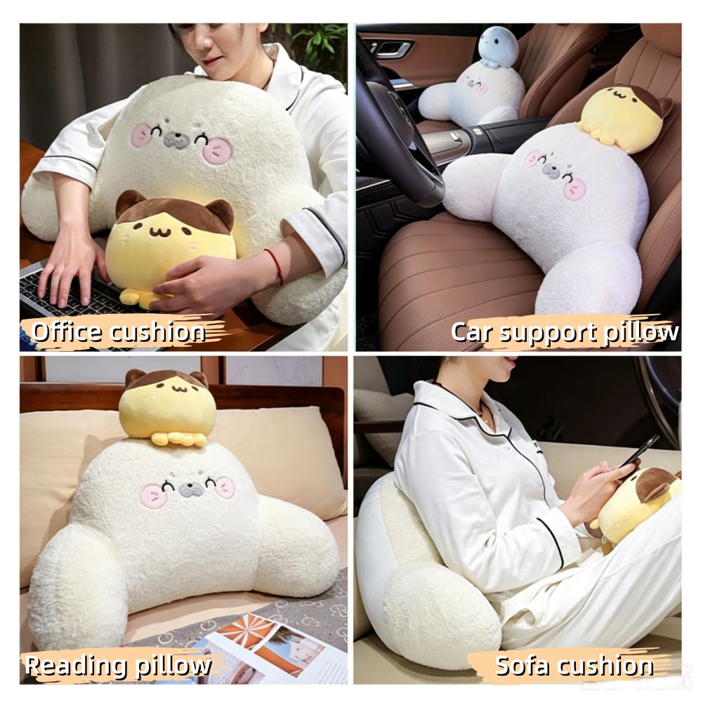 Cute Seal Plush Reading Pillow for Bed Sitting Up with Detachable Neck Roll