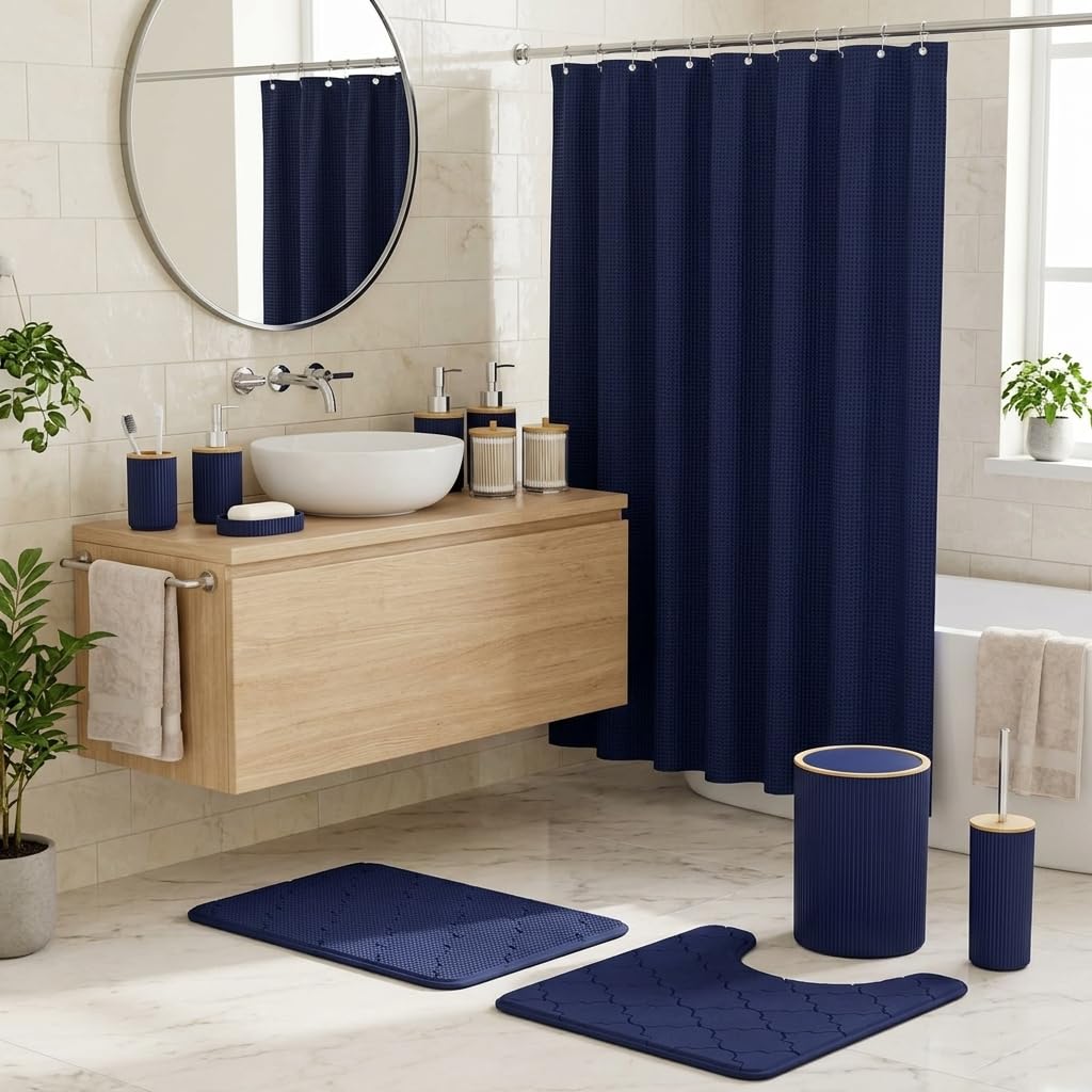 Navy Blue 25-Piece Bathroom Accessories Set with Shower Curtain and Rugs